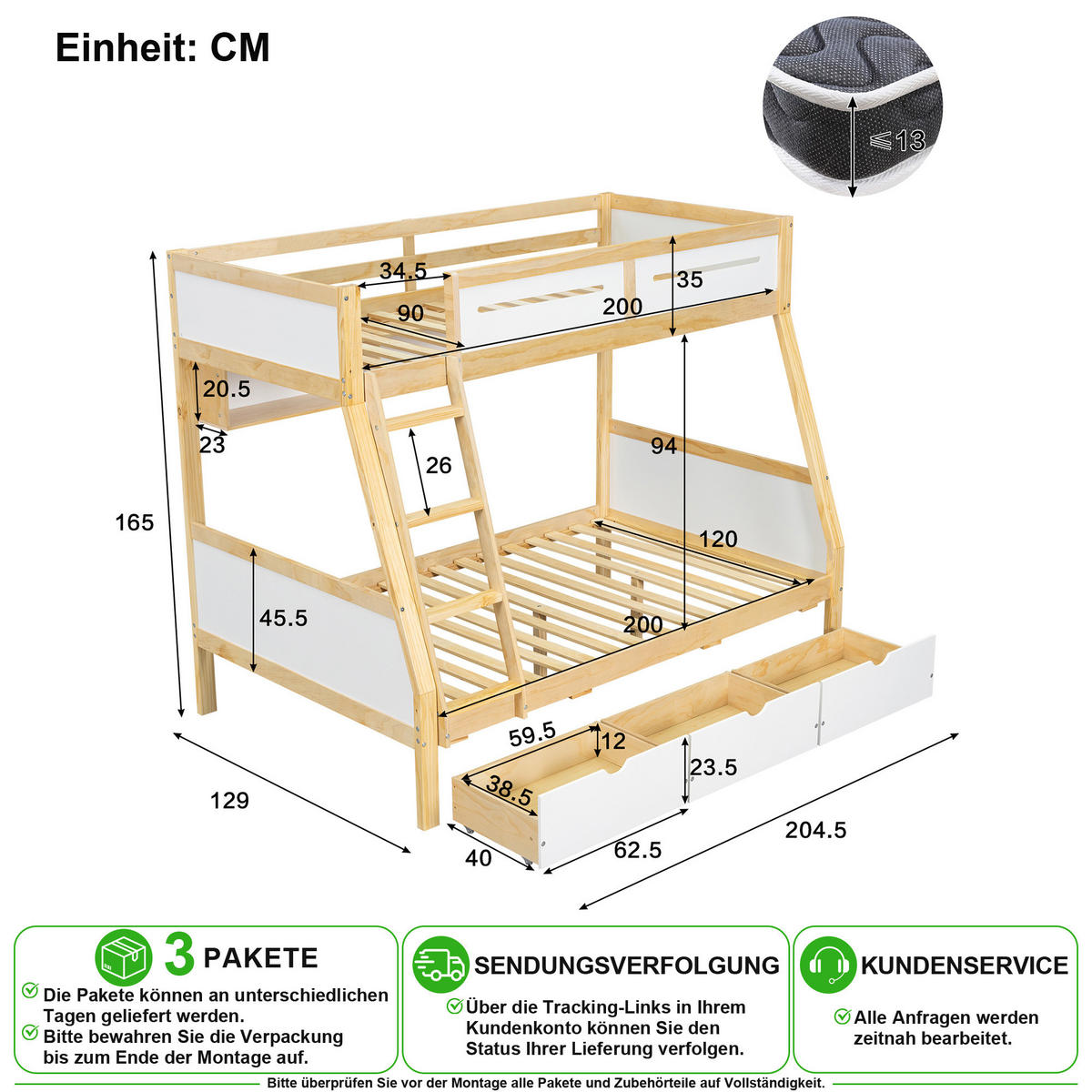 ETAGENBETT 90/200 cm & 120/200 cm in Weiß & Natur mit 3 Schubladen, Bücherregal und Trittleiter - Weiß/Naturfarben, Holz/Holzwerkstoff (90/200cm) - CHICFURN