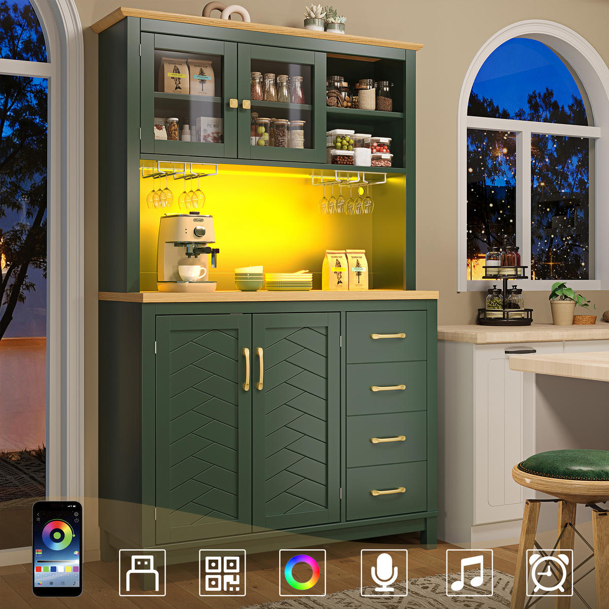 HIGHBOARD in Grün Küchenschrank mit LED-Beleuchtung und Schubladen für Küche und Wohnzimmer, B105.5/T40/H180 cm - Grün, Glas/Holzwerkstoff (105.5/180/40cm) - STILVORA