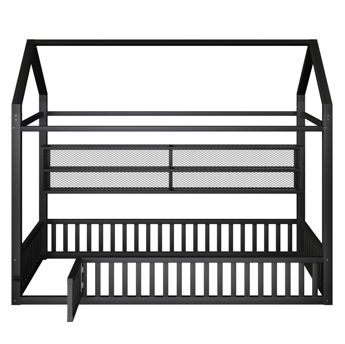 HAUSBETT aus Metall 90x200 cm Schwarz mit Sicherheitszaun, LED-Beleuchtung und Hausdesign - Schwarz, Metall (90/200cm) - Modfu
