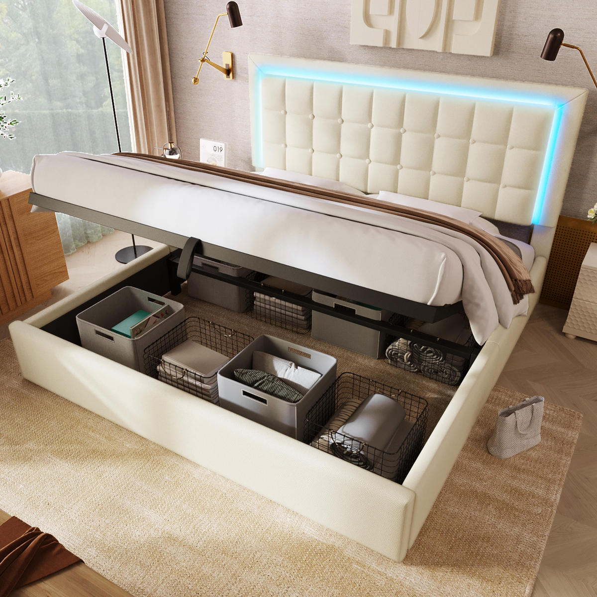 POLSTERBETT 160/200 cm mit LED-Beleuchtung, hydraulischem Stauraum und Lattenrost, Kunstleder, Weiß - Weiß, Kunststoff (160/200cm) - Redom