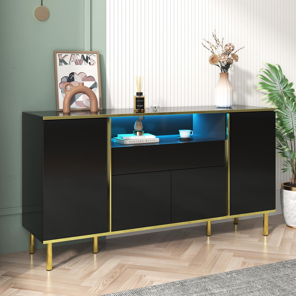 SIDEBOARD Schwarz mit LED 150/40/80 cm - Schwarz, Holzwerkstoff (40/80/150cm) - Urban Meuble