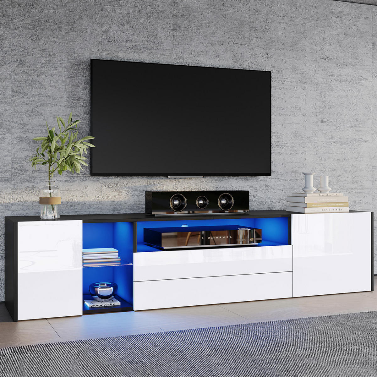 TV-SCHRANK 180x40cm Hochglanz Lowboard LED 2 Schubladen 2 Schränke Schwarz-Weiß - Weiß, Holz (52.76/21.51/59.16cm) - FLIEKS