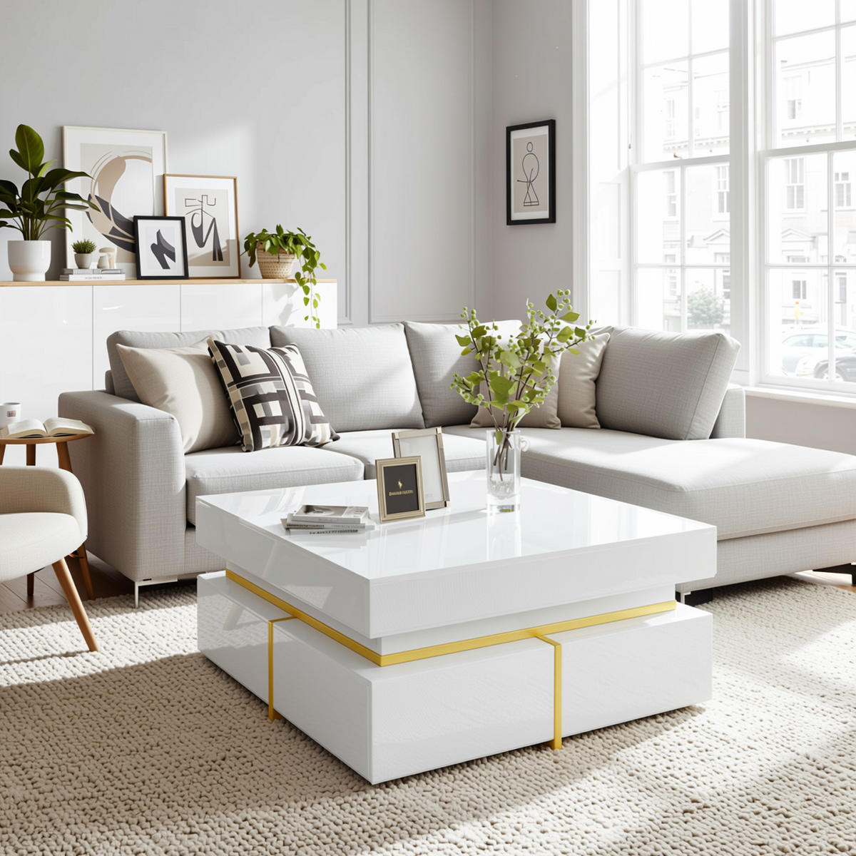 COUCHTISCH mit goldenen akzenten, 2 schubladen & kompaktes design - Weiß, Holzwerkstoff (70/70/35.5cm) - Urban Meuble