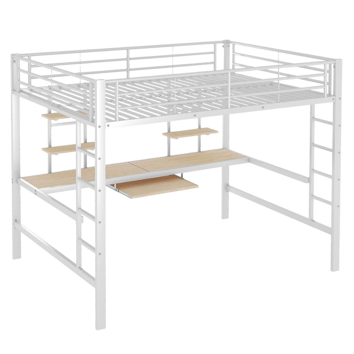 HOCHBETT 140/200 cm weiß aus Metall mit Schreibtisch und 2 Regalen - Weiß, Metall (140/200cm) - OKWISH