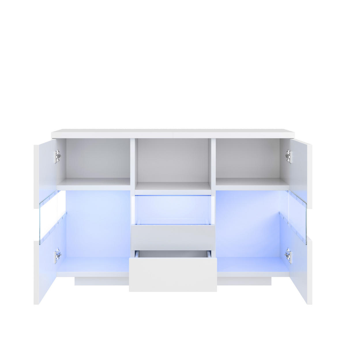 SIDEBOARD 140/40/65 cm aus Spanplatte mit LED-Beleuchtung, 4 Türen und verstellbaren Einlegeböden, Weiß/Schwarz - Weiß, Holzwerkstoff (140/65/40cm) - Redom