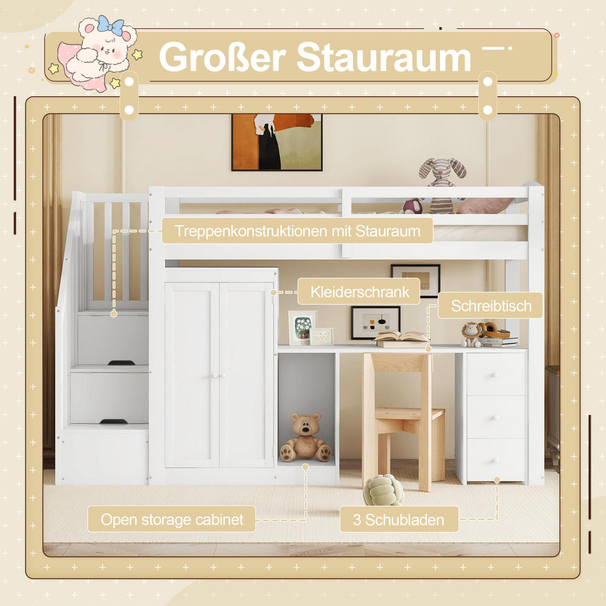 HOCHBETT 90/200 cm aus Kiefer und MDF mit Schreibtisch, Kleiderschrank und Stauraumtreppe Weiß - Weiß, Holzwerkstoff (90/200cm) - Modenvie