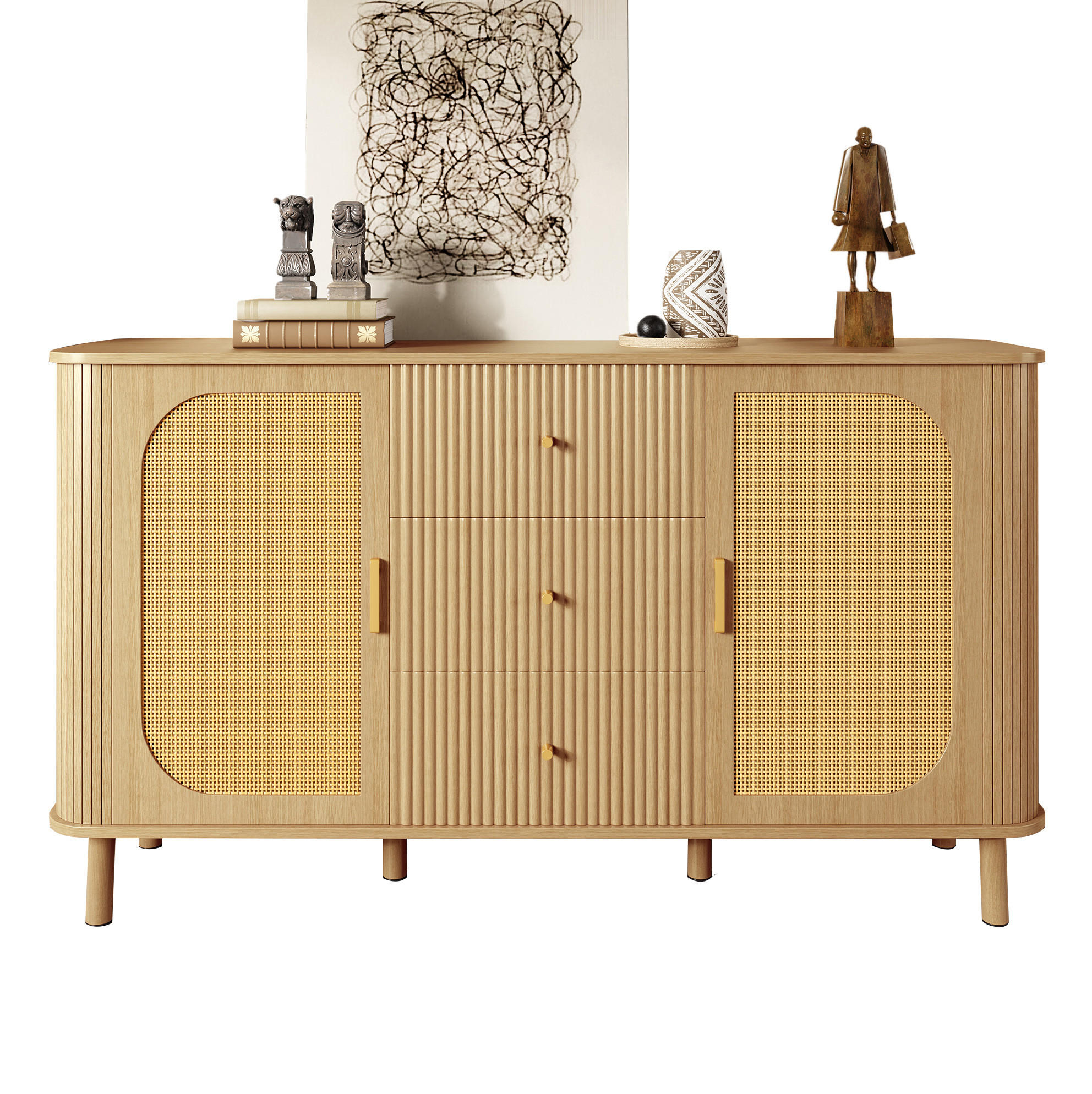 SIDEBOARD 140/40/80 cm in Naturfarbe mit 2 Türen, Schubladen & Metallbeinen - Naturfarben, Holzwerkstoff (140/80/40cm) - BEAOK