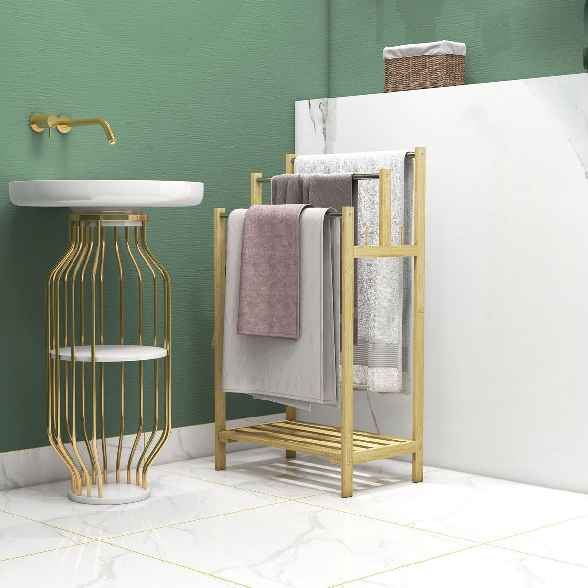 HANDTUCHHALTER Freistehend, Handtuchständer mit 4 Haken, Bambus, Natur - Naturfarben, Metall (31/90/50.5cm) - HOMCOM