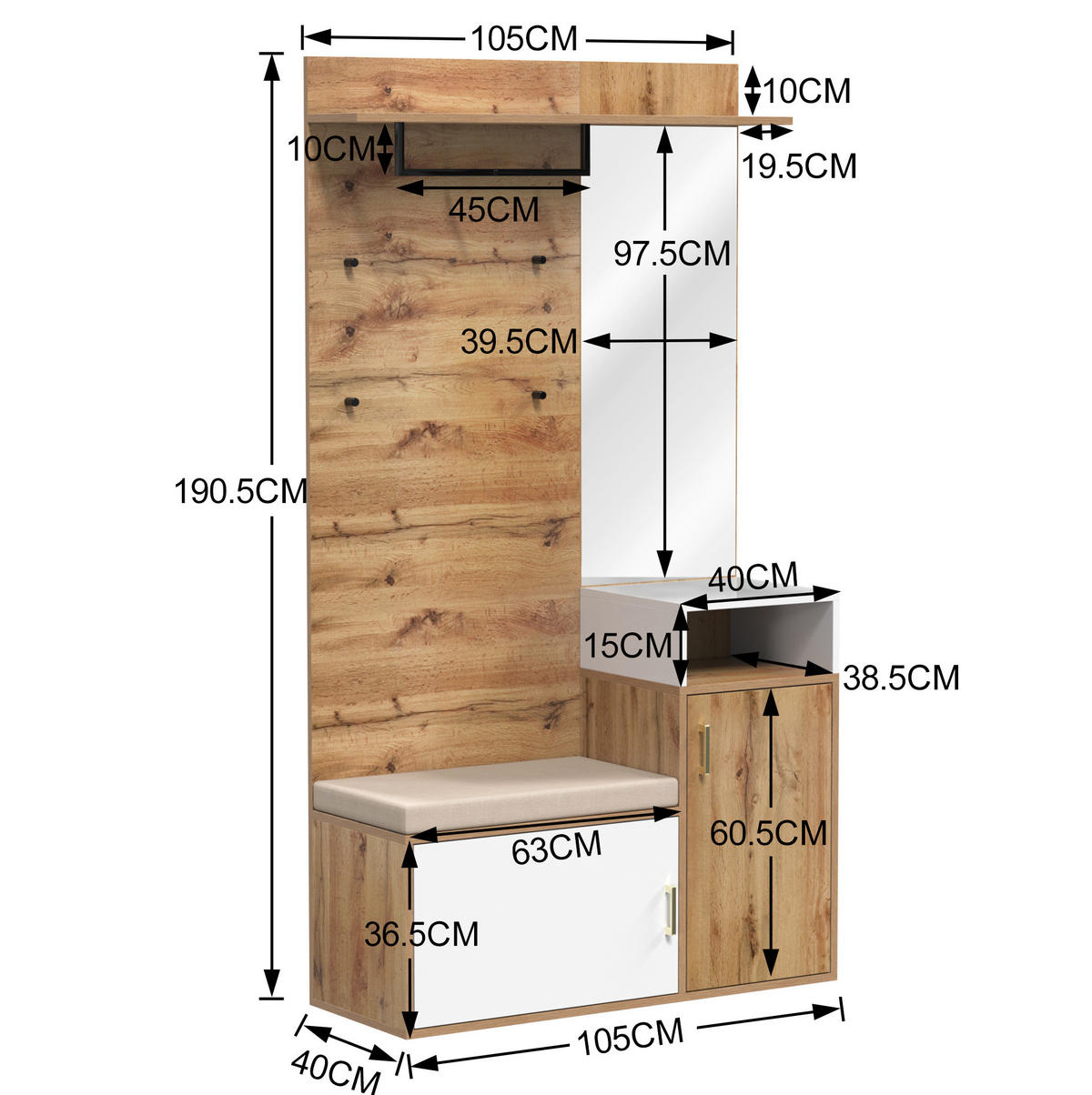 GARDEROBE mit Spiegel und Schuhablage 105/40/190,5 cm in Weiß und Holzfarben - Weiß, Holzwerkstoff (105/190.5/40cm) - BEAOK