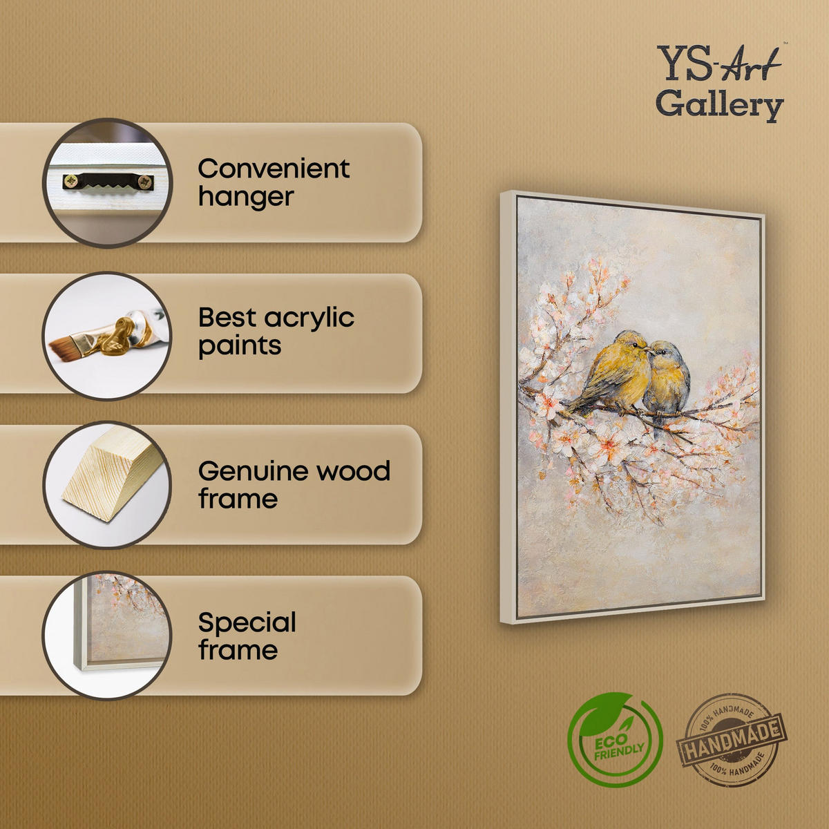 GEMÄLDE Zarte Vögel Schattenfugenrahmen Beige 70x50 cm - Beige, Holz (70/50cm) - YS-art gallery