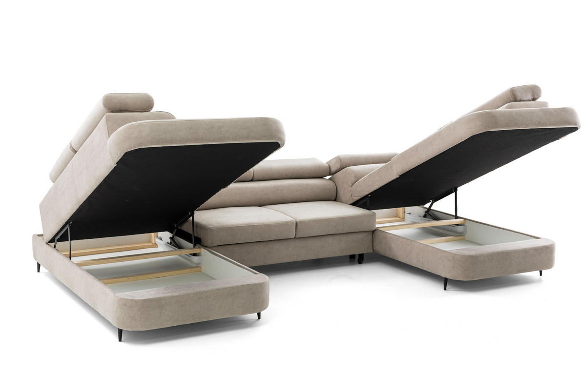 ECKSOFA U-Form PRIAM U2 mit Schlaffunktion 126x270 Velours Creme - Chromfarben/Creme, Holz/Textil (350/91/203cm) - Muffo