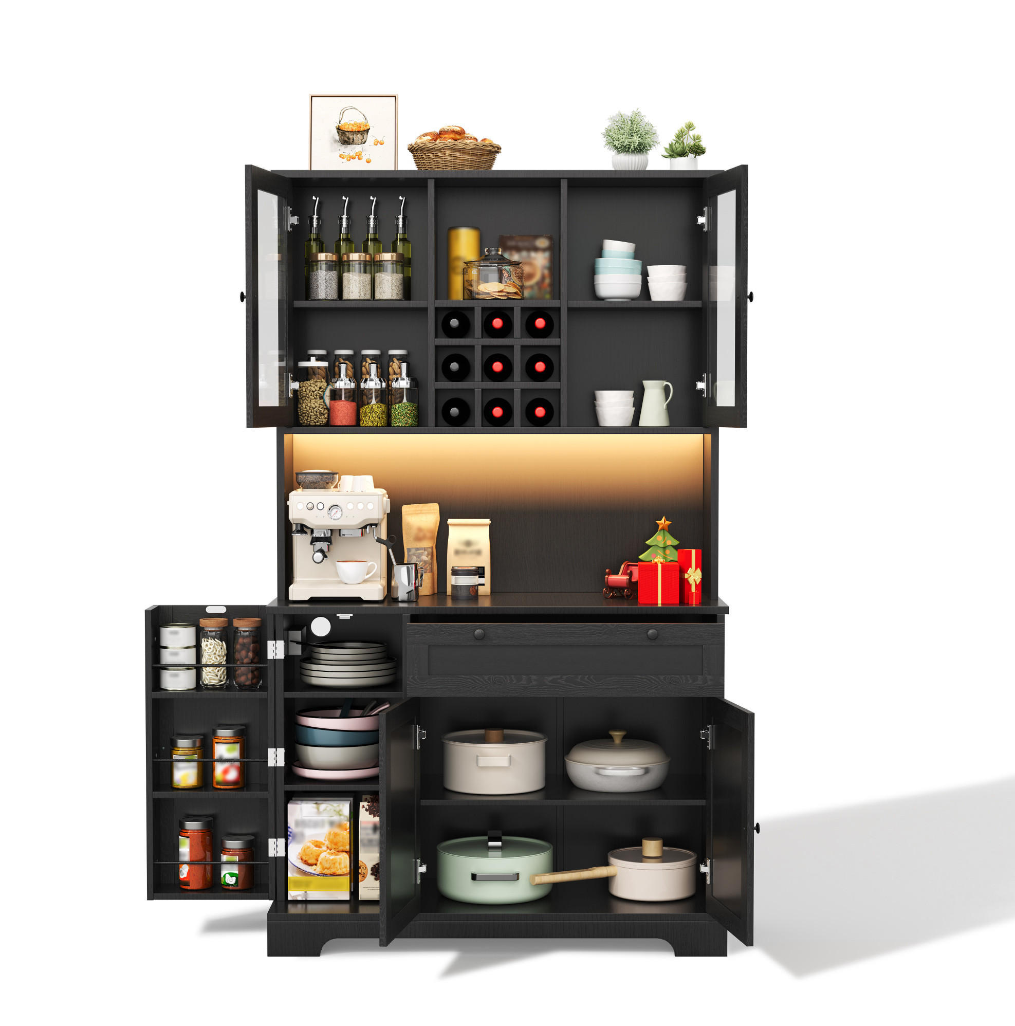 BIFE omara z LED osvetlitvijo, vtičnico in stojalom za vino, črna, 180/105/40 cm - črna, leseni material (40/180/105cm) - OKMYHOME
