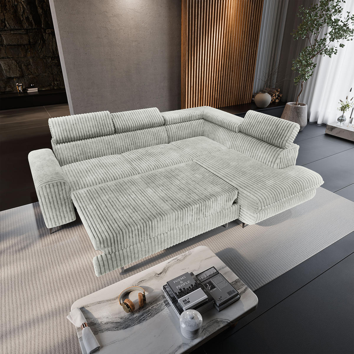 ECKSOFA VELISS Hellgrau Kordstoff mit Schlaffunktion - Hellgrau, Holz (255/193cm) - MASSENO