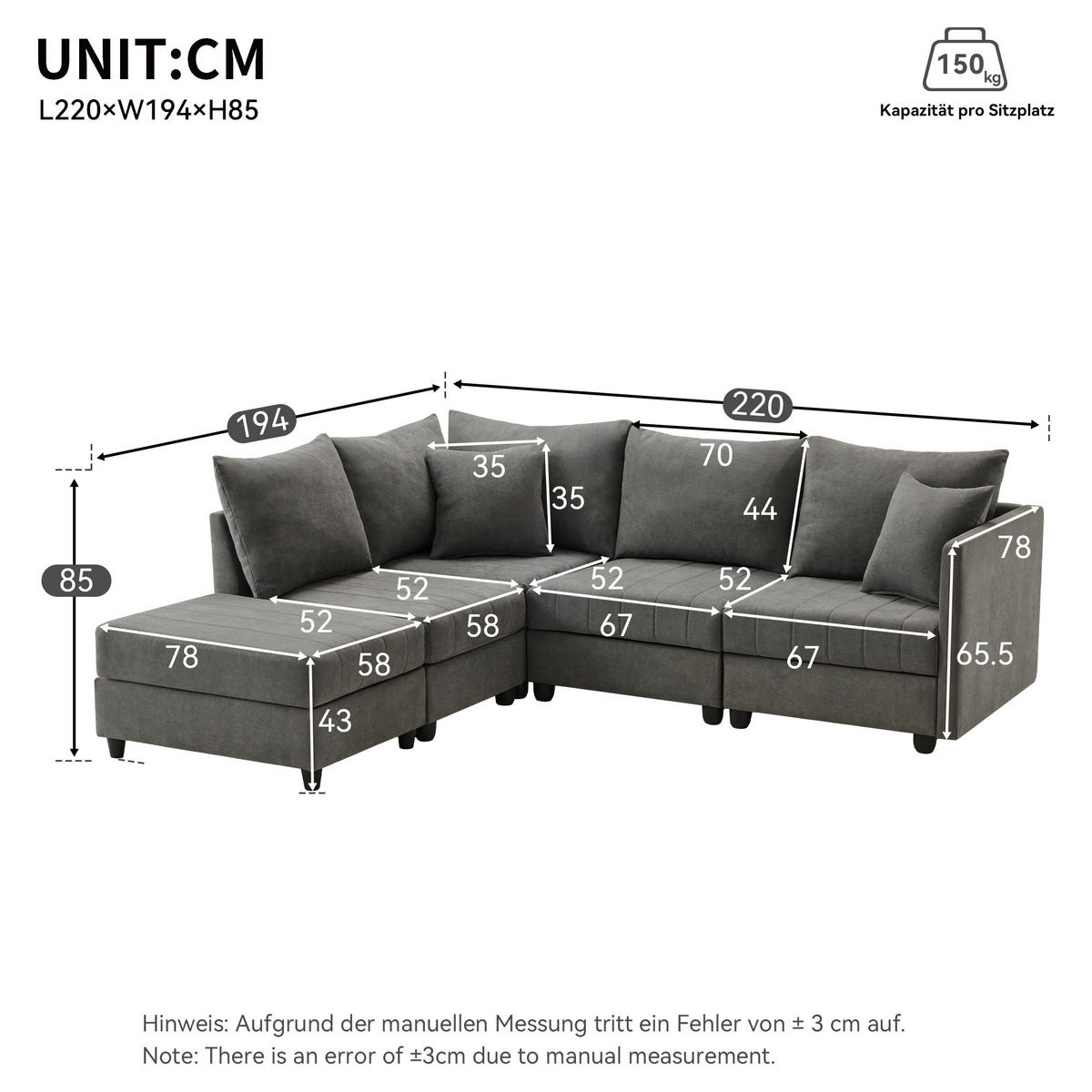 ECKSOFA 220/194/85 cm Grau mit umwandelbarem Fußhocker - Grau, Textil (220/194cm) - Oxeza