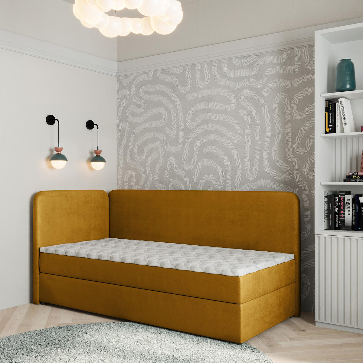 BOXBETT GINA 80x200 cm mit Matratze und Topper, H2+H3 - Gelb - Gelb, Holz (80/200cm) - MASSENO