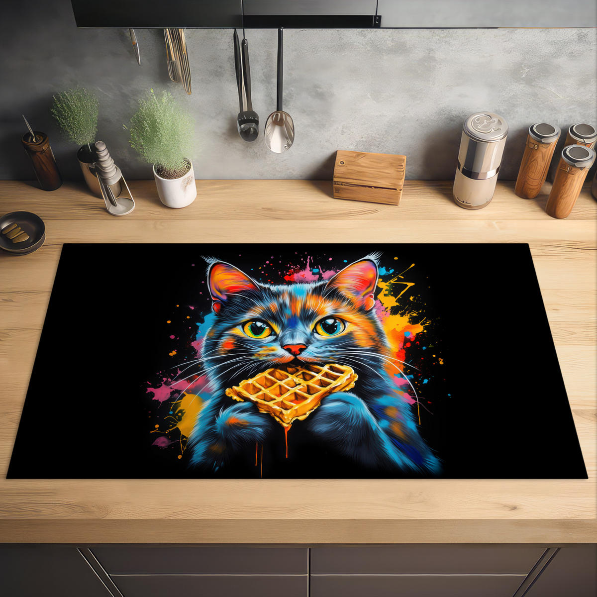 HERDABDECKPLATTE Katze - Graffiti - Bunt - Waffel - Essen Induktionsschutz 91.2x52 cm - Multicolor, Kunststoff (91.2/52/0.2cm) - MuchoWow