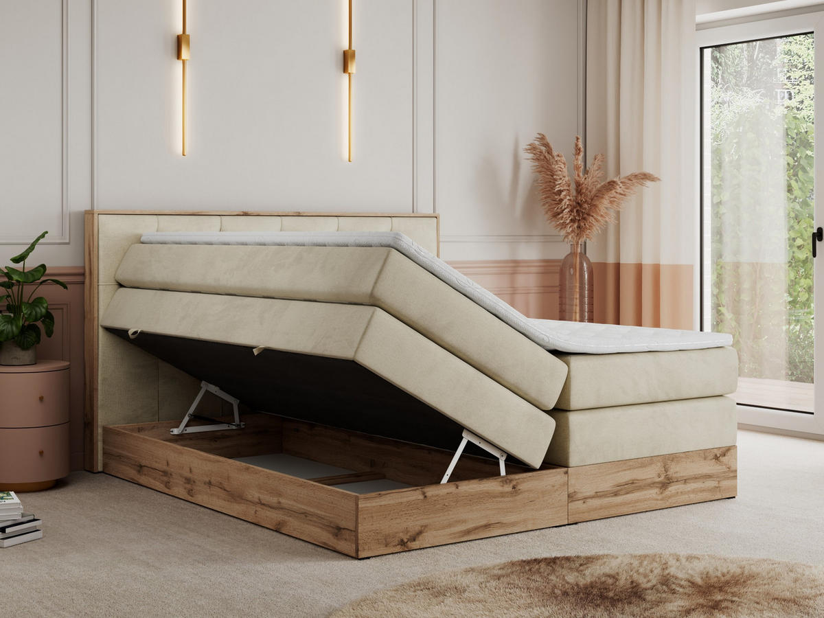 BOXSPRINGBETT VENETO KING 180/200 Beige Velvet - H3 - Beige, Holz/Textil (180/200cm) - MKS