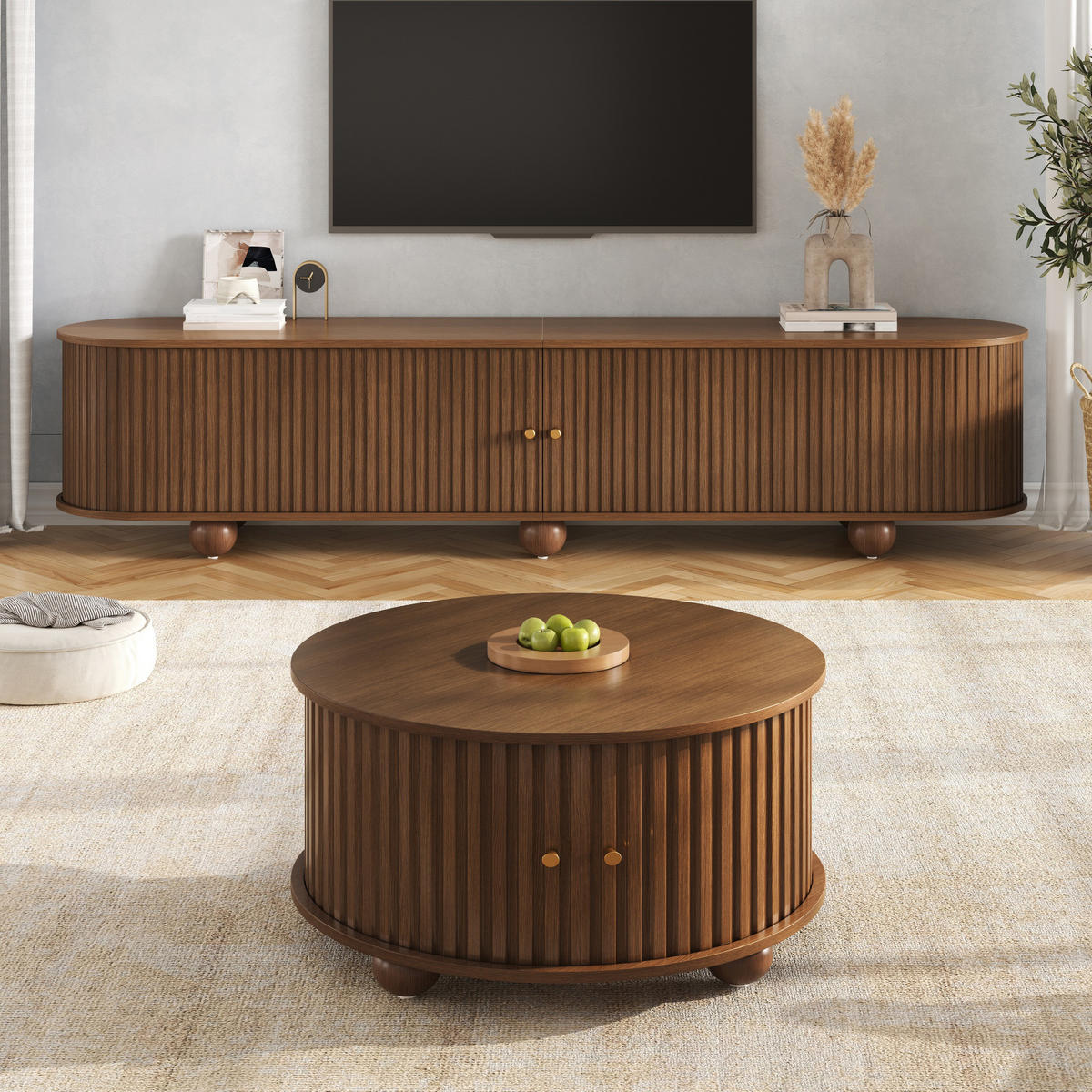 TV-SCHRANKSET Couchtisch Rund Relief Schiebetüren MDF - Walnussfarben, Holzwerkstoff (180/45/35cm) - FLIEKS
