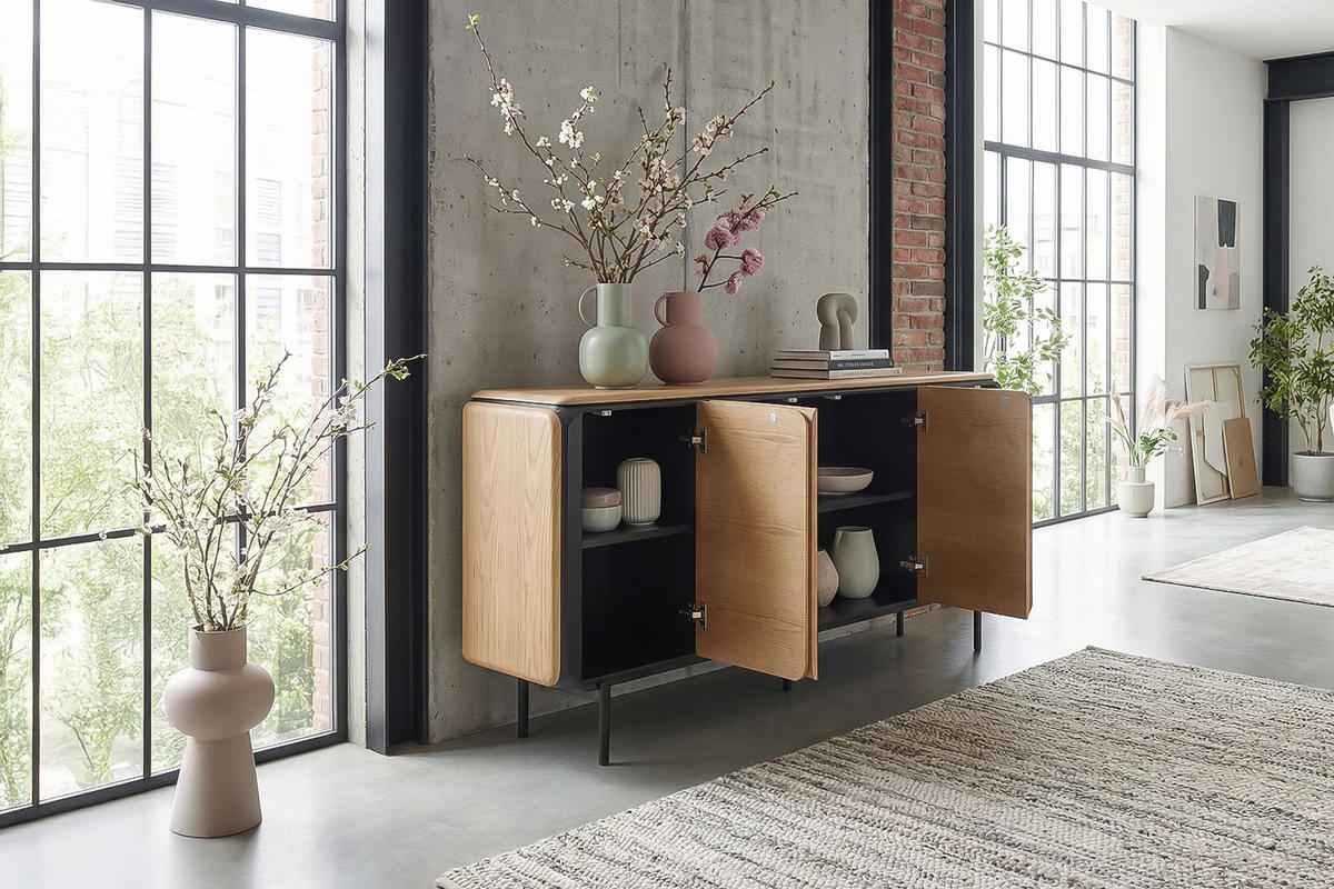 SIDEBOARD AVRIL Braun Eiche - Schwarz/Braun, Holzwerkstoff/Metall (181/87/40cm) - KAWOLA