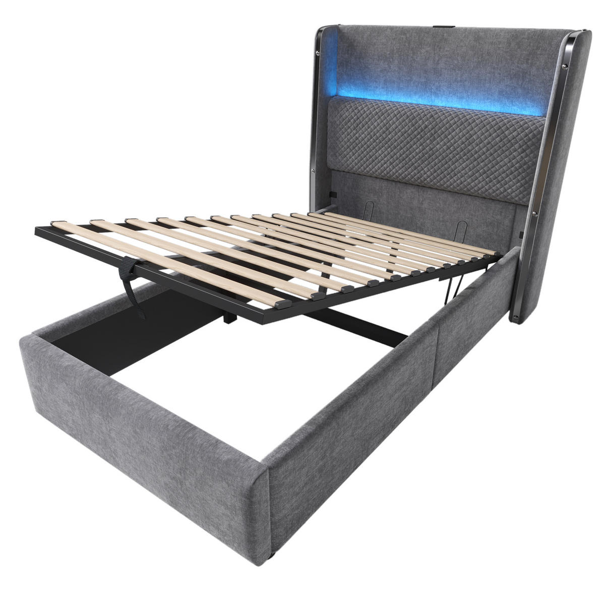 BETT 90/200 cm Grau mit hohem Kopfteil LED-Beleuchtung und Stauraum - Grau, Textil (90/200cm) - OKWISH