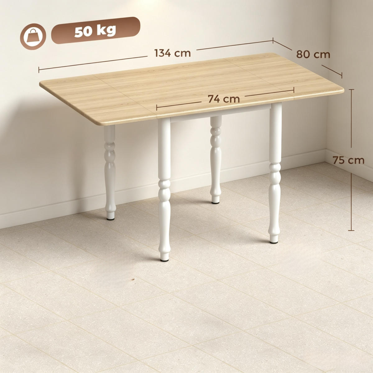 KLAPPTISCH 74-134/80/75 cm mit Stahlfüßen DE-39952 Natur - Eichefarben, Holzwerkstoff (80/134/75cm) - ComfortXL
