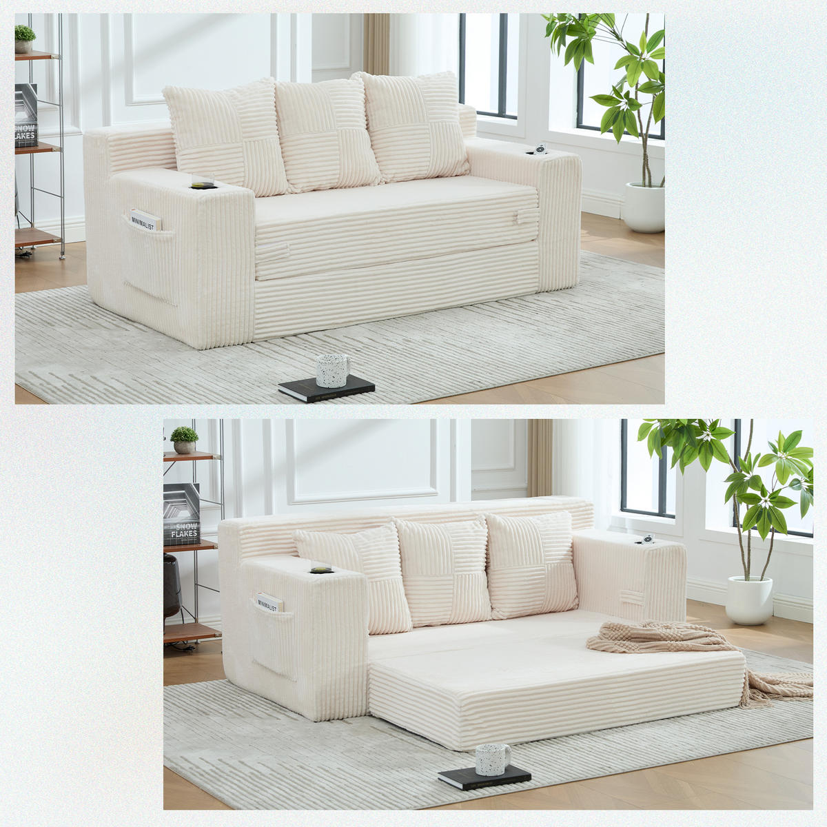 2-SITZER Bodensofa ausklappbar, Getränkehalter/Seitentaschen, Cord, Beige - Beige, Textil (172/64/87cm) - LVHOM
