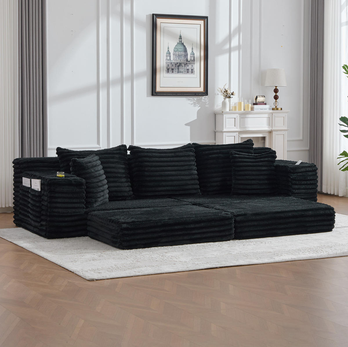 SOFA mit Schlaffunktion 273 x 98 x 87 cm Cord Black - Schwarz, Kunststoff (38.58/34.25/107.48cm) - Meubliv