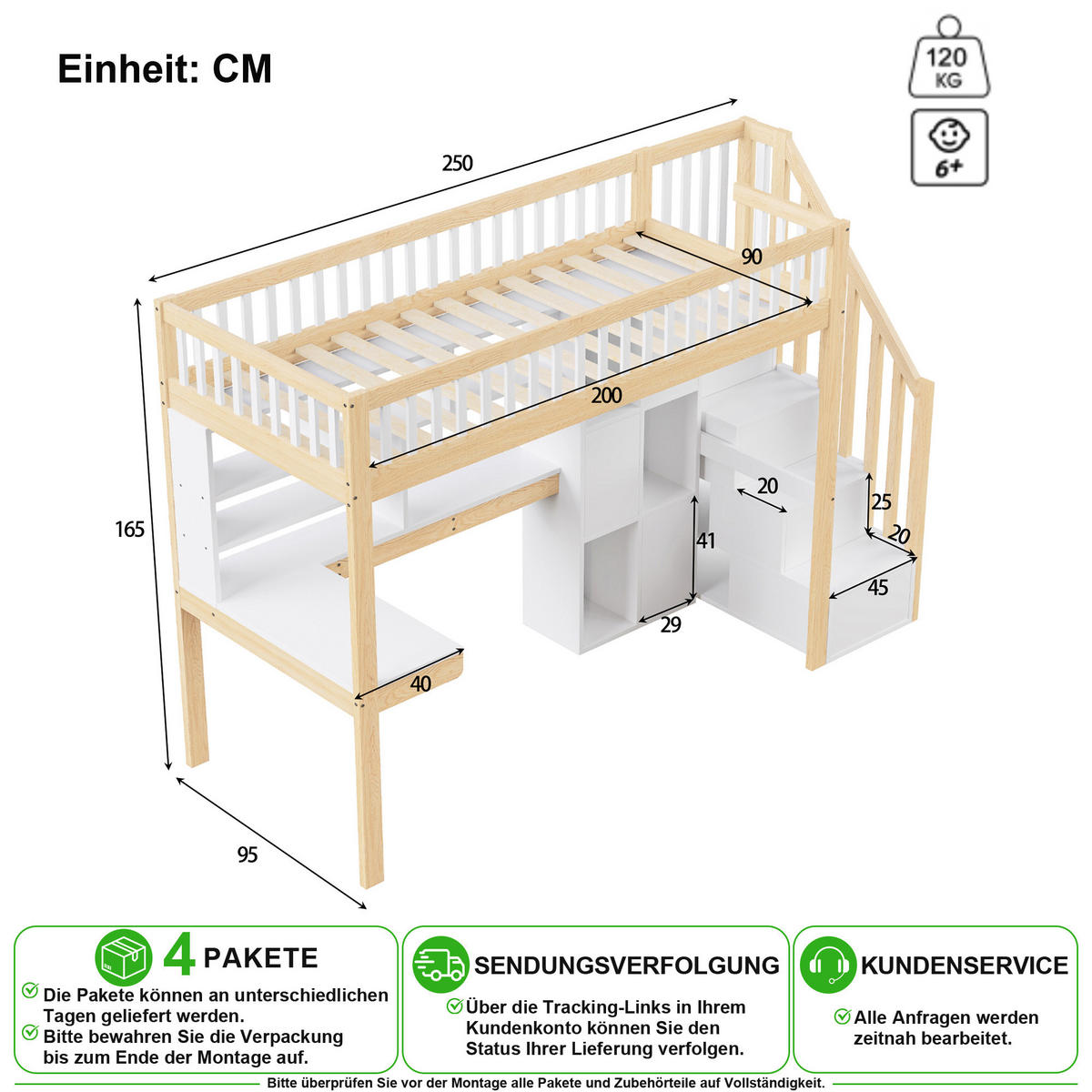 HOCHBETT 90/200 cm in Weiß & Natur mit LED, Ablageleiter, Regalen und Schreibtisch - Weiß/Naturfarben, Holz/Holzwerkstoff (90/200cm) - CHICFURN