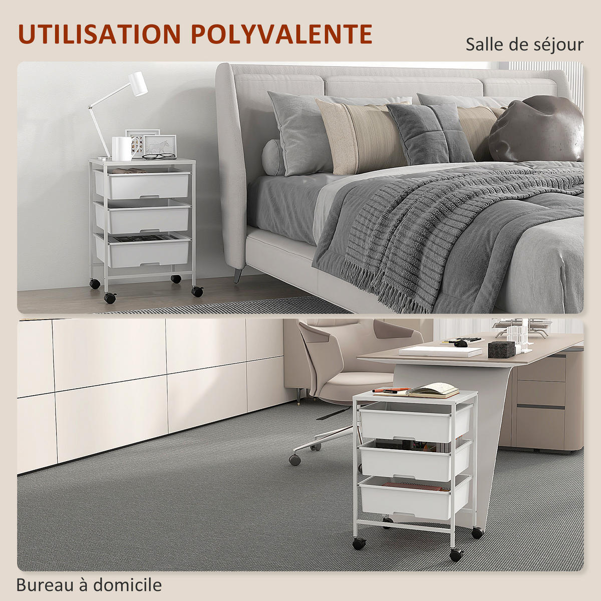 SERVIERWAGEN DE-12426 3 Körbe mit Plateau 41/34/61 cm Weiß - Weiß, Metall (33.5/60.5/40.8cm) - ComfortXL