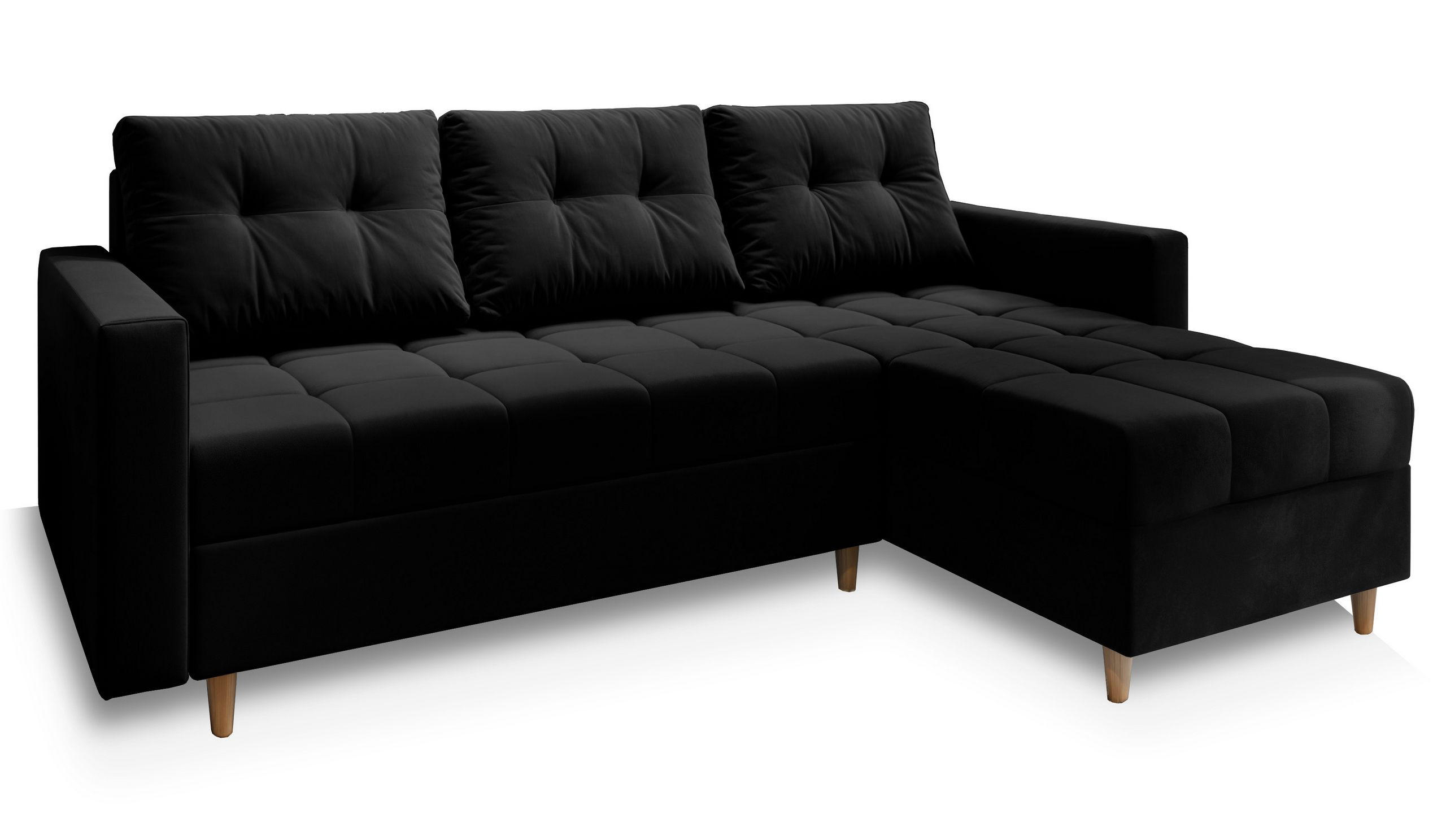 ECKSOFA MILO L Schwarz Plüsch-Stoff mit Schlaffunktion - Schwarz, Holz (220/140cm) - MASSENO