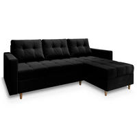 ECKSOFA MILO L Schwarz Plüsch-Stoff mit Schlaffunktion - Schwarz, Holz (220/140cm) - MASSENO