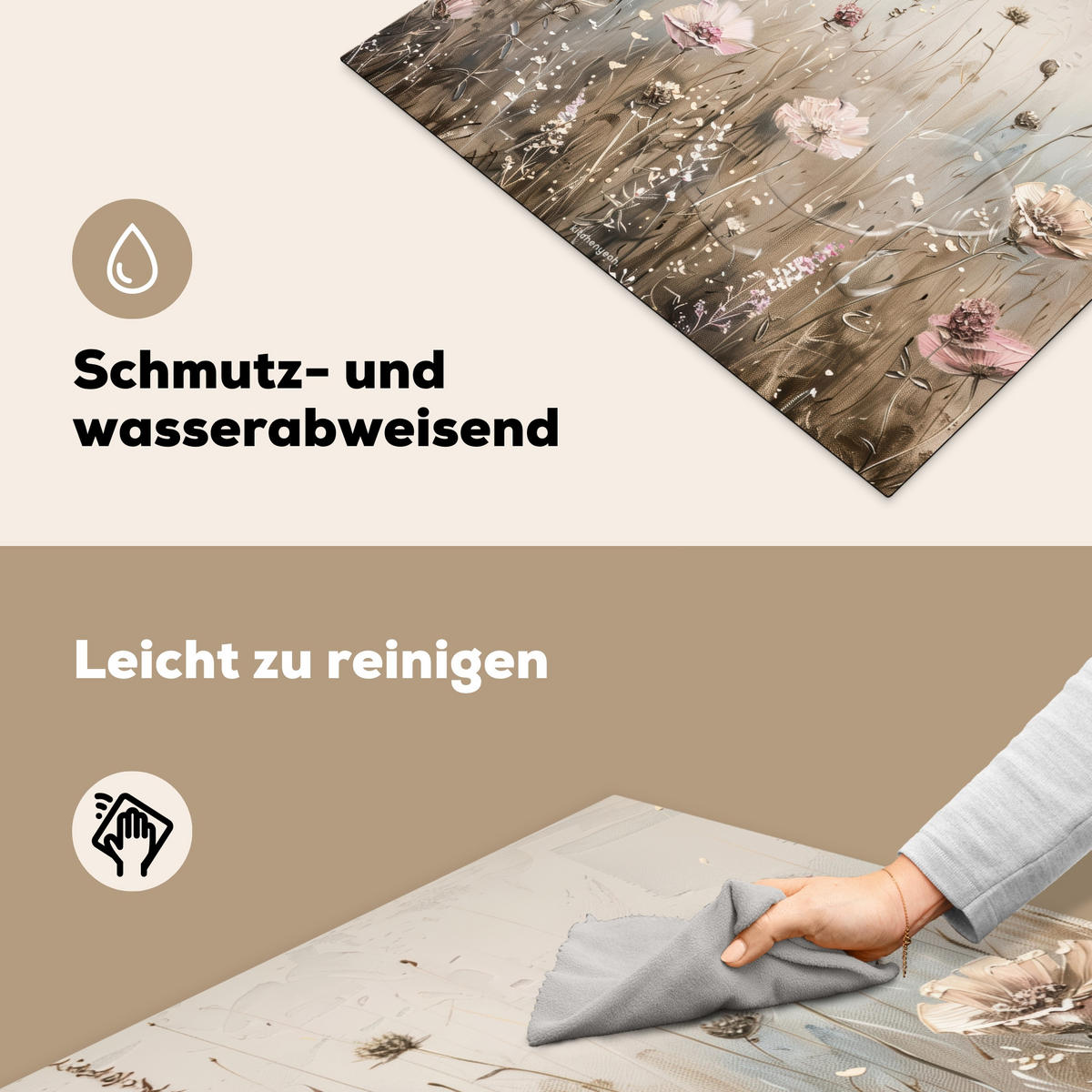 HERDABDECKPLATTE Blumen - Beige - Trockenblumen 77x59 cm - Beige, Kunststoff (77/59/0.2cm) - MuchoWow