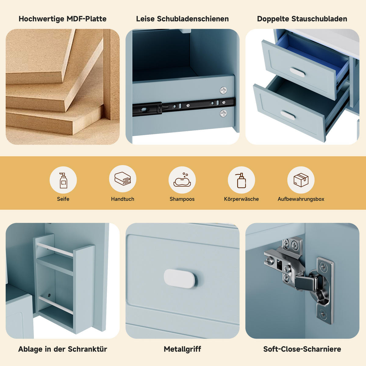 BADEZIMMER-HÄNGESCHRANK 76×46×51 cm, blau, lackiert, mit LED-Radarsensor-Beleuchtung, 2 Schubladen, leisen Gleitschienen und integriertem Waschbecken - Blau, Holzwerkstoff (46/51/76cm) - Ej. Life