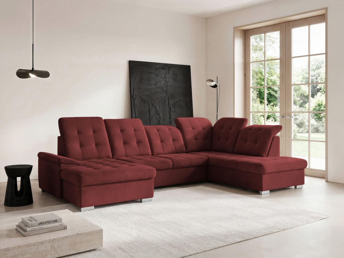WOHNLANDSCHAFT ANON Ottomane Rechts, mit Schlaffunktion und Bettkasten, Bordeaux - Rot, Kunststoff/Textil (322/87/220cm) - Idohome