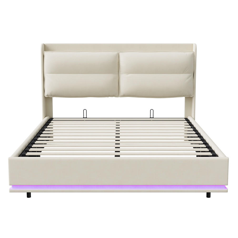 POLSTERBETT 140x200 cm - mit LED & Ladefunktion und hydraulischem Bettkasten - ohne Matratze - Off-White - Creme, Textil (140/200cm) - DELFA