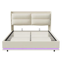 POLSTERBETT 140x200 cm - mit LED & Ladefunktion und hydraulischem Bettkasten - ohne Matratze - Off-White - Creme, Textil (140/200cm) - DELFA