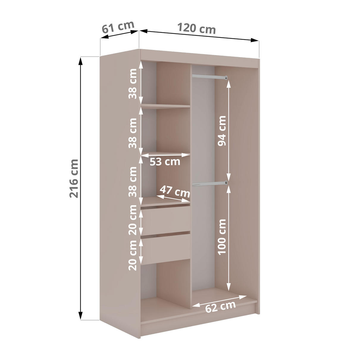 SCHWEBETÜRENSCHRANK mit Spiegel und Schubladen - WALENCJA - 120 - Kaschmir-Grau lacobel - Kaschmir/Alufarben, Holzwerkstoff/Metall (120/216/61cm) - MKS