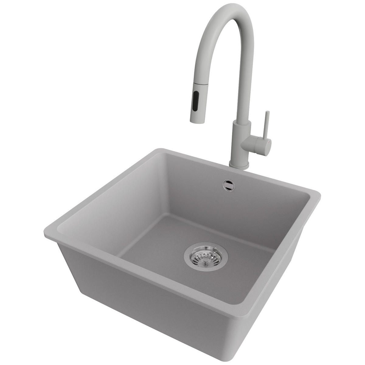 GRANITSPÜLE Venedig Slim Easy, 2-er set Grau 46/44 cm 1 Becken + Küchenarmatur 40/20 cm + Ablauf-Set ab 50er Unterschrank - Chromfarben/Grau, Kunststoff (46/20/44cm) - Primagran