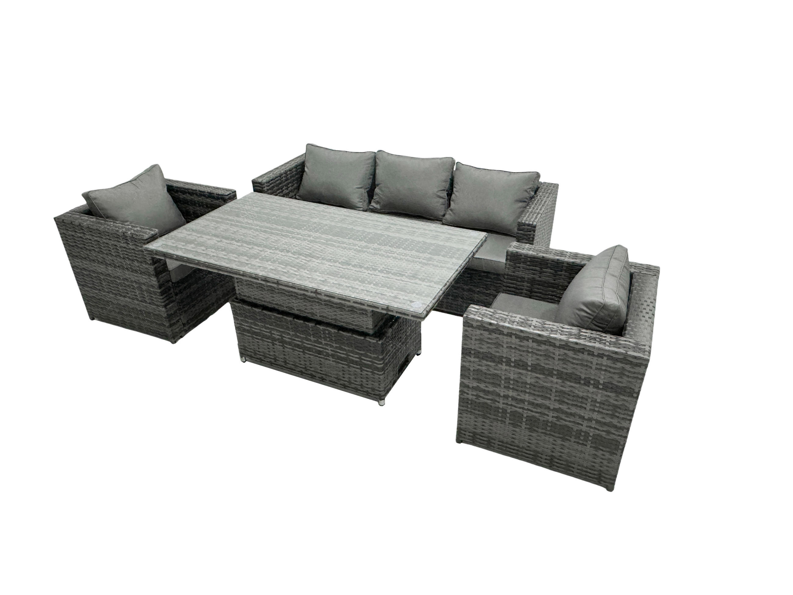 GARTENMÖBEL SET PE Polyrattan 5-Sitzer Grau - Dunkelgrau/Grau, Glas/Kunststoff - Fimous