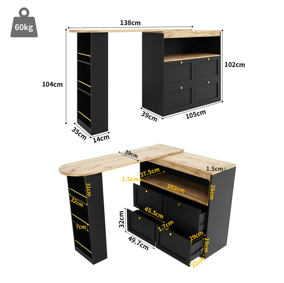 SCHRANK mit 4 Schubladen und drehbarer Ablage 105 x 39 x 102 cm Schwarz - Schwarz, Holz (39/104/138cm) - Beauniv