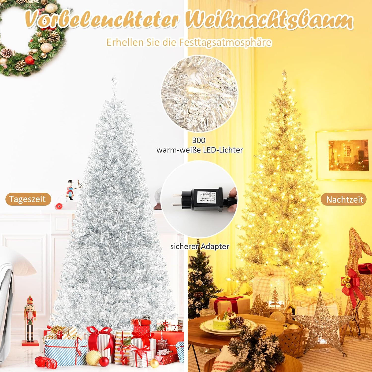 WEIHNACHTSBAUM 180cm Silber - Silberfarben, Kunststoff (180cm) - COSTWAY