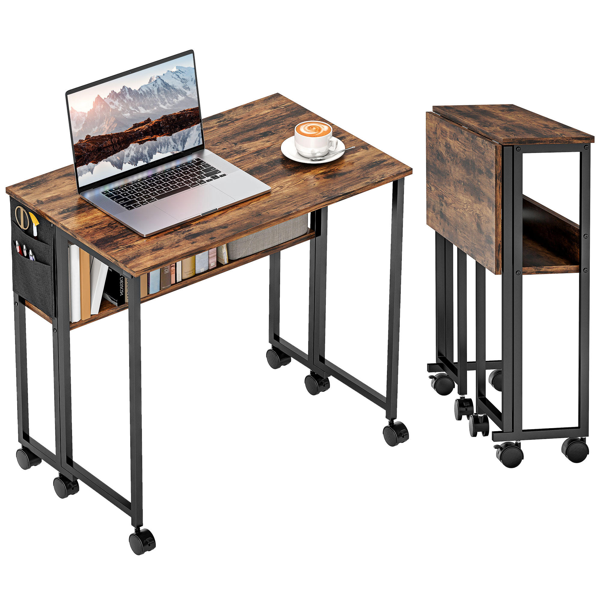 SCHREIBTISCH Braun klappbar mit Rollen und Ablage 80/50/75 cm - Rotbraun, Holzwerkstoff (50/80/75cm) - PANGIVO