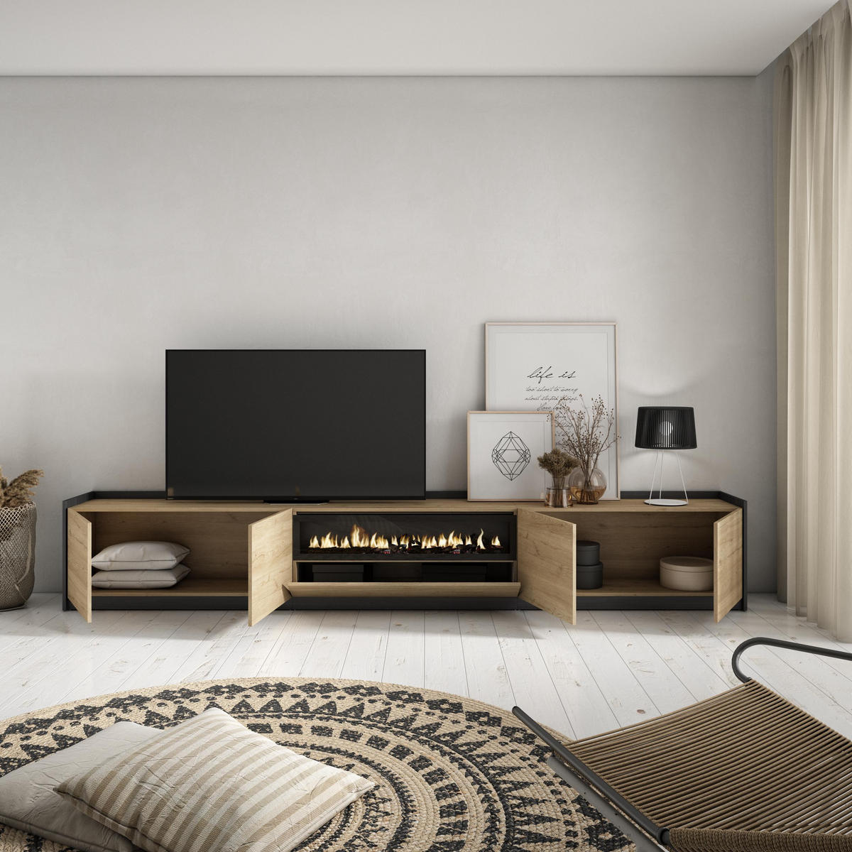 TV-SCHRANK, Lowboard, Eiche Schwarz, Elektrokamin, 310/37/50cm - Eichefarben, Holzwerkstoff (310/50/37cm) - Skraut Home