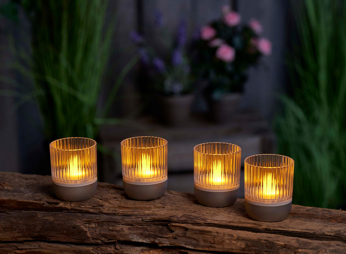 LED-AKKU-LOUNGE-LIGHTS - kabellos mit Touchsensor für Innen und Außen, RGBW Flackereffekt, 4er-Set - Silberfarben, Kunststoff (5/5/7cm) - Northpoint
