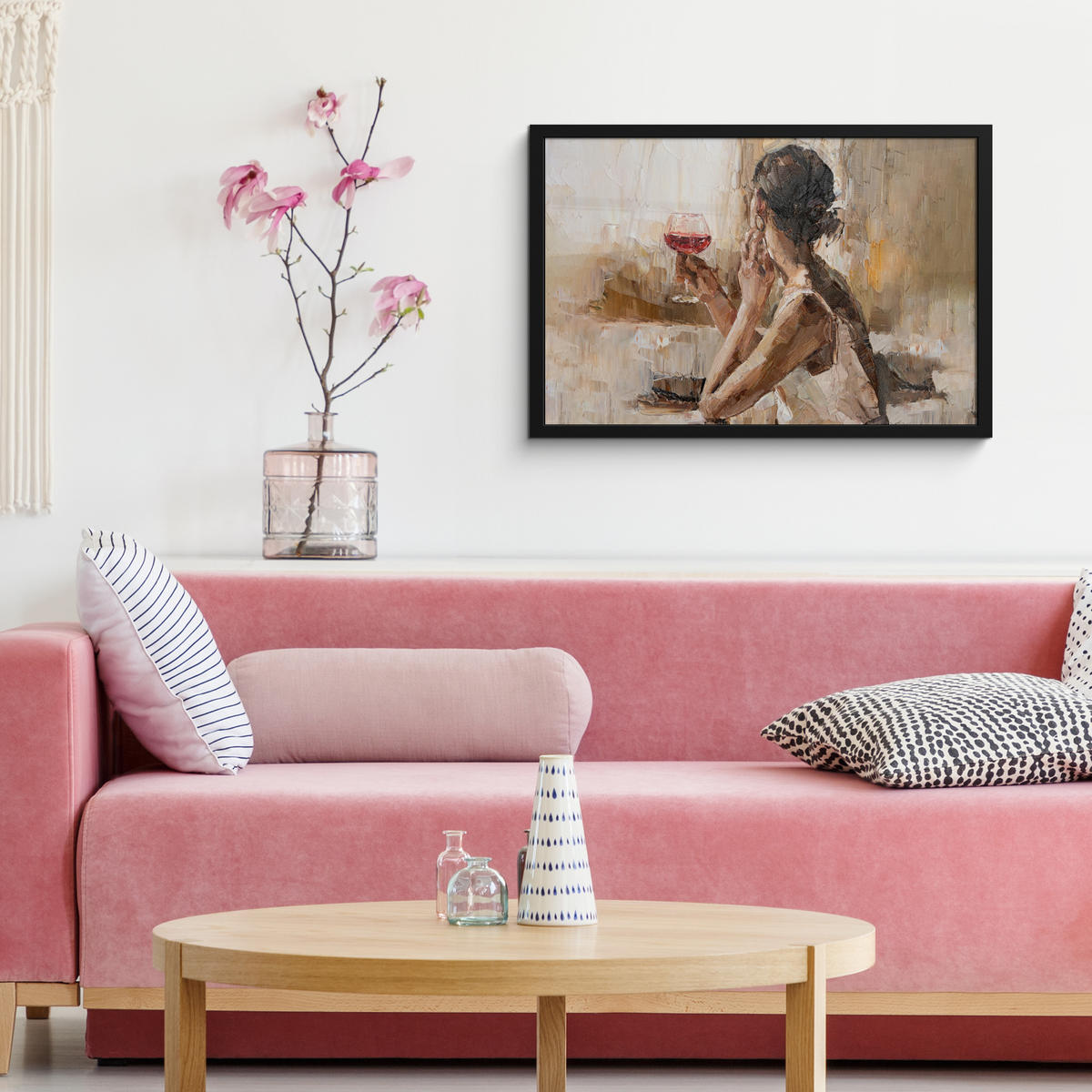 ZARÁMOVANÝ PLAGÁT Olejomaľba - Žena - Víno 60x40 cm - svetlohnedá, papier (60/40cm) - MuchoWow
