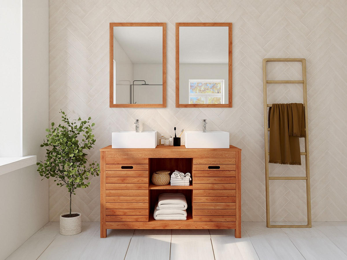 DOPPELWASCHTISCH - 130 cm x 50 cm - Keramik, Holz, Platte - Naturfarben Dunkel - PULUKAN - Naturfarben, Keramik/Holz (130/83/50cm) - Vente-Unique