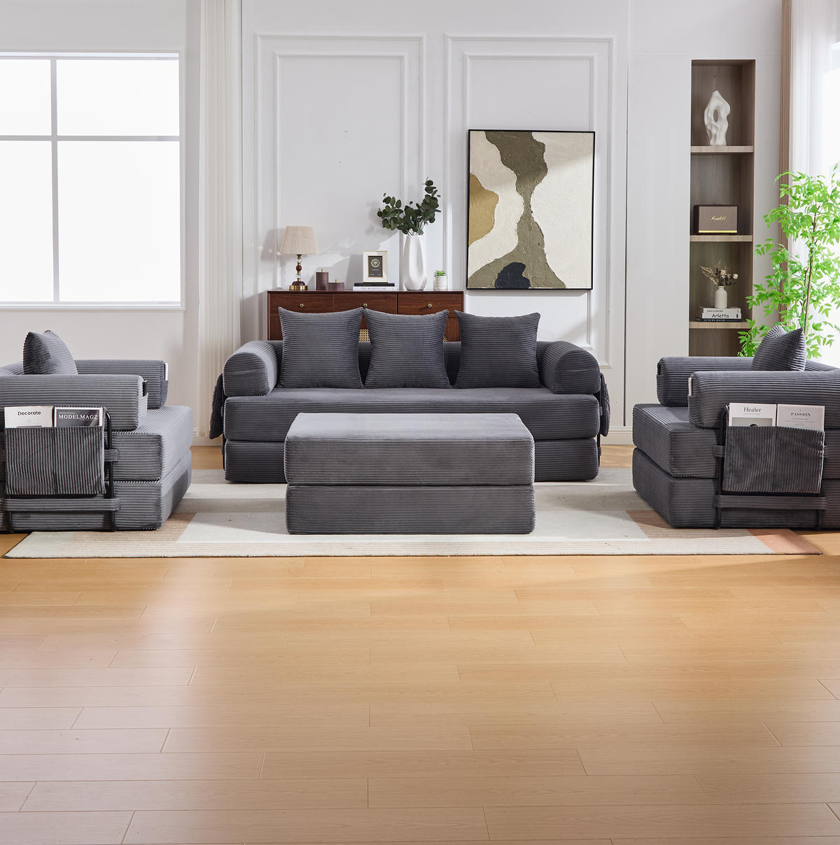 SOFA modular 3-tlg. 200 x 94 x 67 cm Cord Dark Gray - Dunkelgrau, Kunststoff (190/67/312cm) - Meubliv