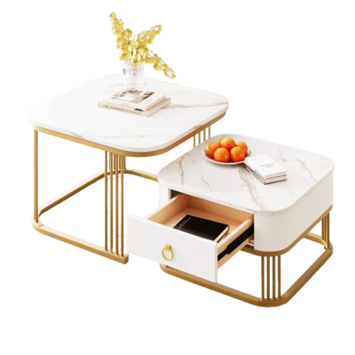 COUCHTISCH Set mit hochglänzender Marmoroptik und goldenen Akzenten 60/60/45 cm und 50/50/34 cm - Goldfarben/Weiß, Holzwerkstoff (60/60/45cm) - OKWISH