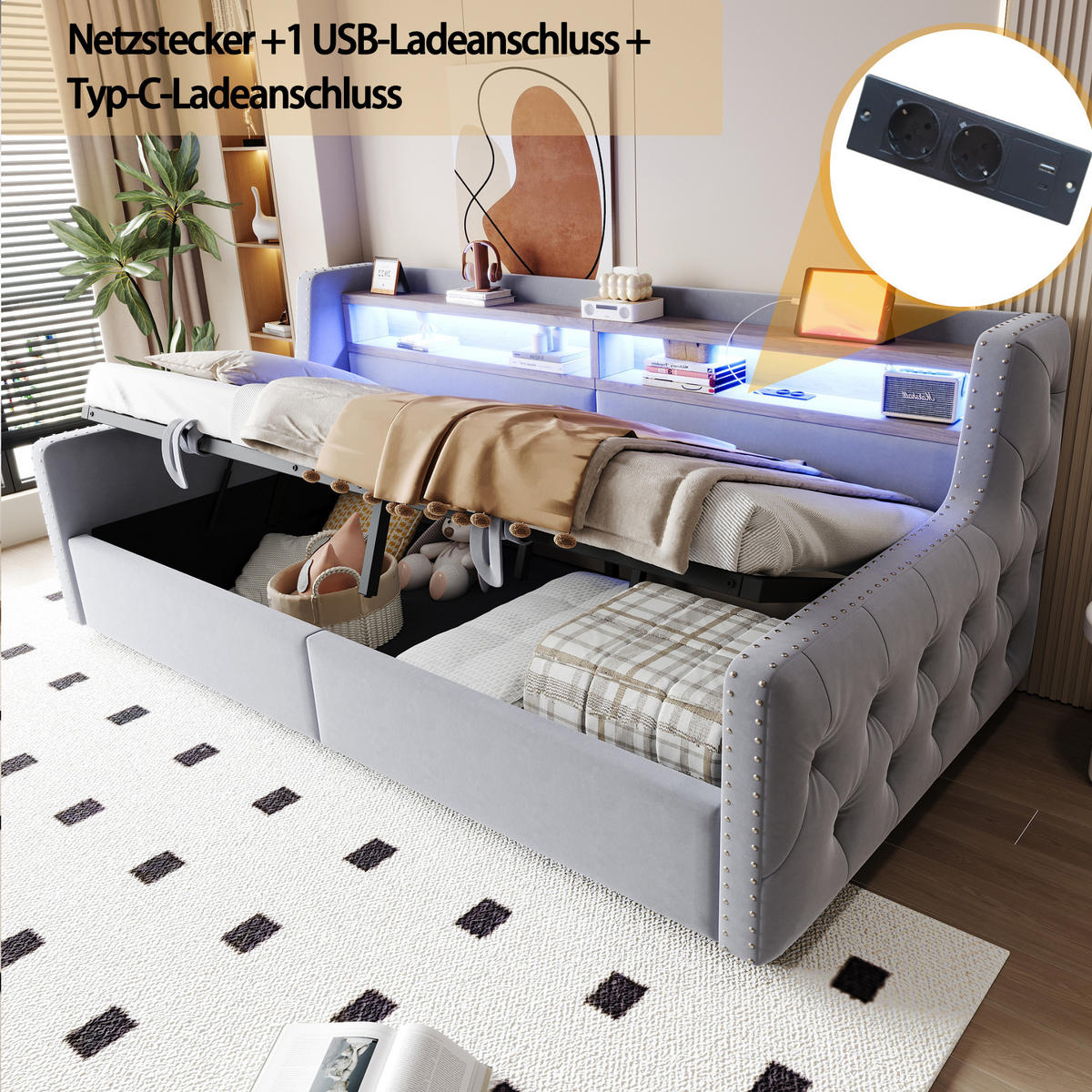 POLSTERBETT 90/200 cm aus Samt mit LED-Beleuchtung, Stauraum, USB- und Typ-C-Anschluss, Hellgrau - Hellgrau, Textil (90/200cm) - Redom