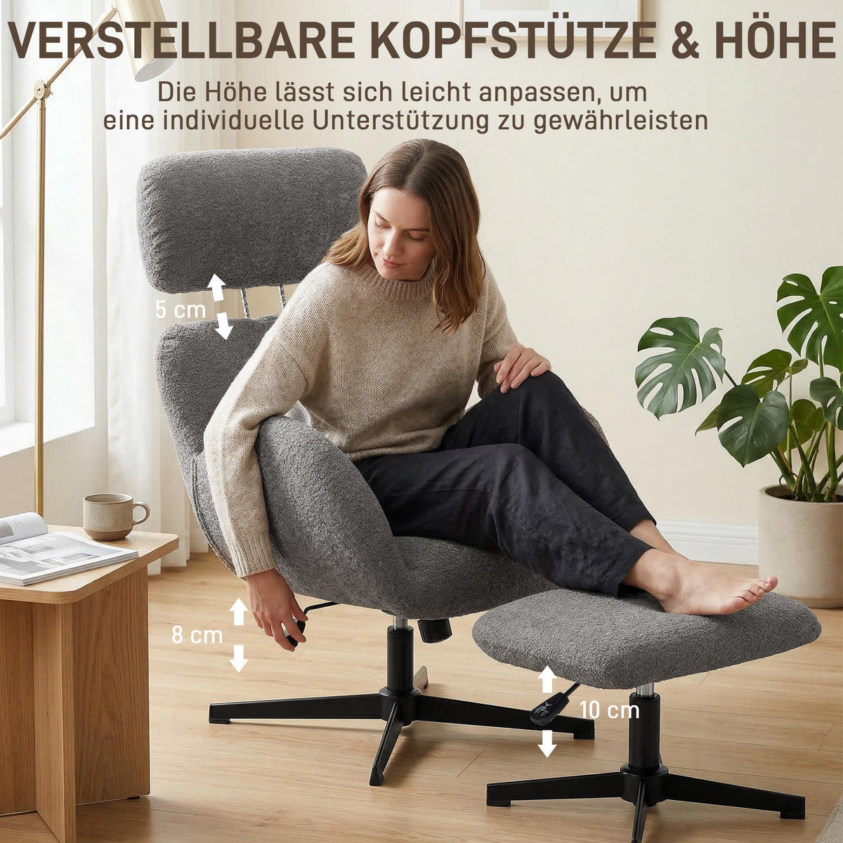 SESSEL DE-07597 mit Fußhocker, verstellbarer Kopfstütze und Schaukelfunktion Grau - Grau, Metall (70/108/71cm) - ComfortXL